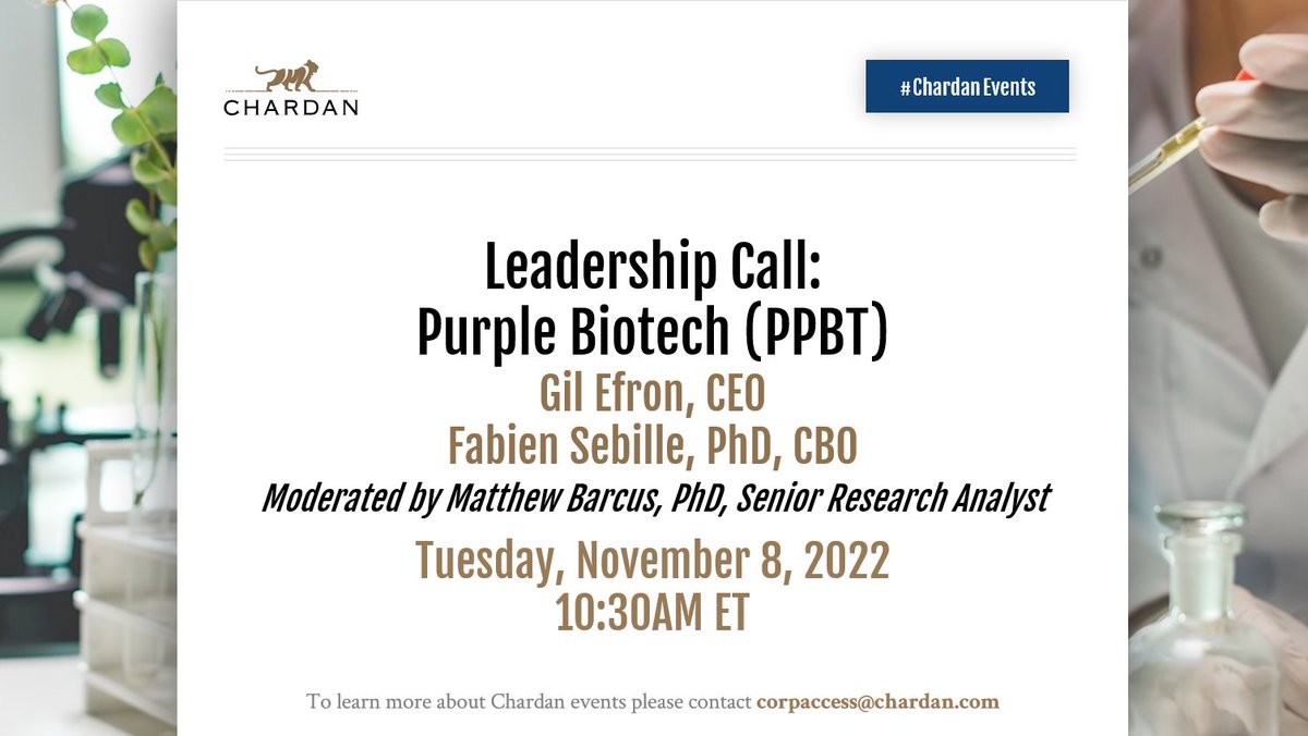 ChardanCM's tweet photo. Join us on November 8 at 10:30am ET for a leadership call with @_PurpleBiotech’s CEO, Gil Efron and CBO, Fabien Sebille, PhD. Request call attendance here: https://t.co/PRrgbWBOJS #Chardan #Oncology https://t.co/Aetn0zusPf