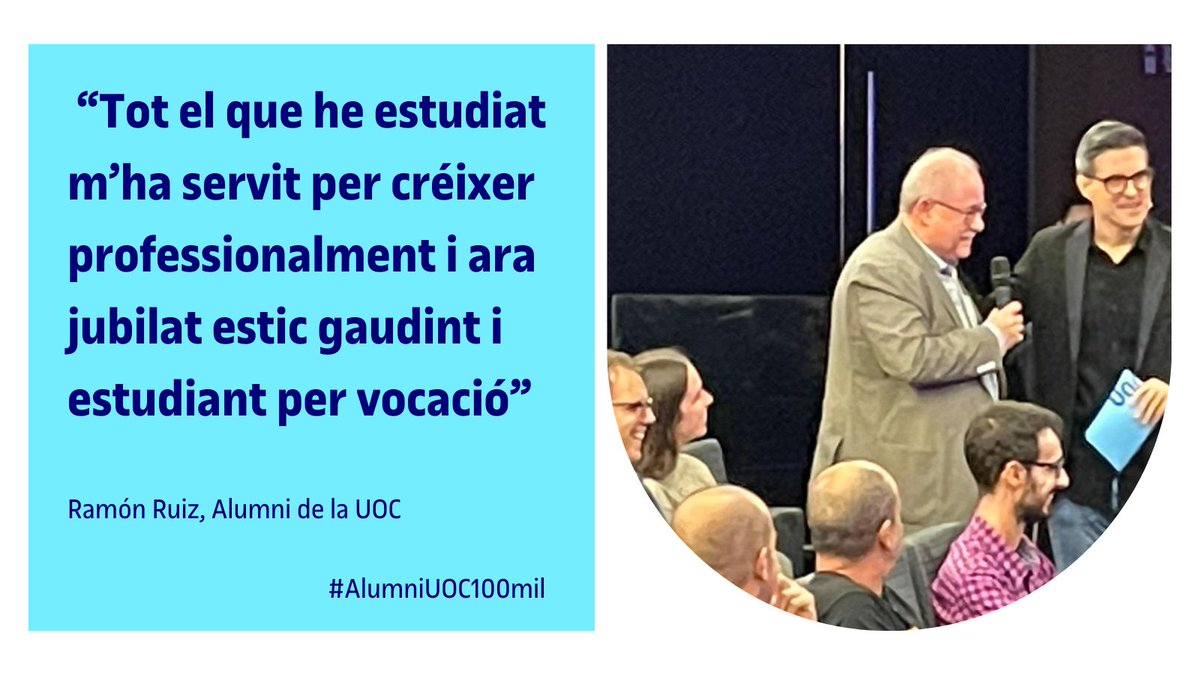 UOC Alumni (@uocalumni) on Twitter photo Històries #AlumniUOC:
<a href="/rruizn/">Ramon Ruiz Navarro, PhD</a> també celebra els 100 mil amb nosaltres. Un cop jubilat, s'ha atrevit amb un doctorat a la #UOC: "Tot el que he estudiat m'ha servit per créixer professionalment, i ara, jubilat, estic gaudint i estudiant per vocació."
#AlumniUOC100mil Històries #AlumniUOC:
<a href="/rruizn/">Ramon Ruiz Navarro, PhD</a> també celebra els 100 mil amb nosaltres. Un cop jubilat, s'ha atrevit amb un doctorat a la #UOC: "Tot el que he estudiat m'ha servit per créixer professionalment, i ara, jubilat, estic gaudint i estudiant per vocació."
#AlumniUOC100mil