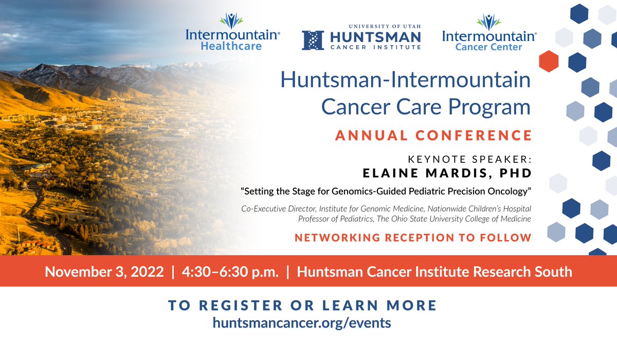 We are thrilled Elaine Mardis, PhD, a world-renowned researcher in genomics & precision medicine, will give our conference keynote today: Setting the Stage for Genomics-Guided Pediatric Precision Oncology. Please join us! @huntsmancancer @intermountain bit.ly/3fBwdyn