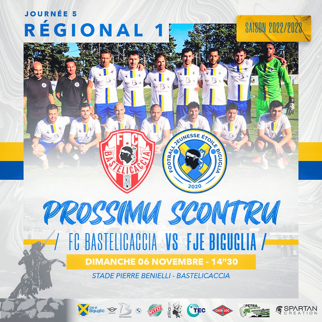 FBiguglia's tweet photo. 🏆5 eme Journée Régional 1
⚽️ FC BASTELICACCIA - FJE BIGUGLIA
📆 Dimanche 06 Novembre 2022
🕰 14H30
🏟 Stade Pierre Benielli - Bastelicaccia
.
.
.
.
.
#biguglia #fjeb #fjebiguglia #forzabiguglia #foot #football #footcorse #footballcorse #corse #corsica #footamateur #R1 #FCBFJEB https://t.co/a0KK4giWTB
