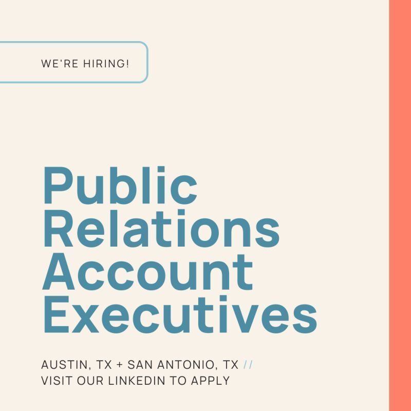 We’re currently expanding and looking for driven, positive public relations professionals to join our teams. Apply today!👇

Austin PR Account Executive: bit.ly/3TXqxhc
San Antonio PR Account Executive: bit.ly/3SV91ZP