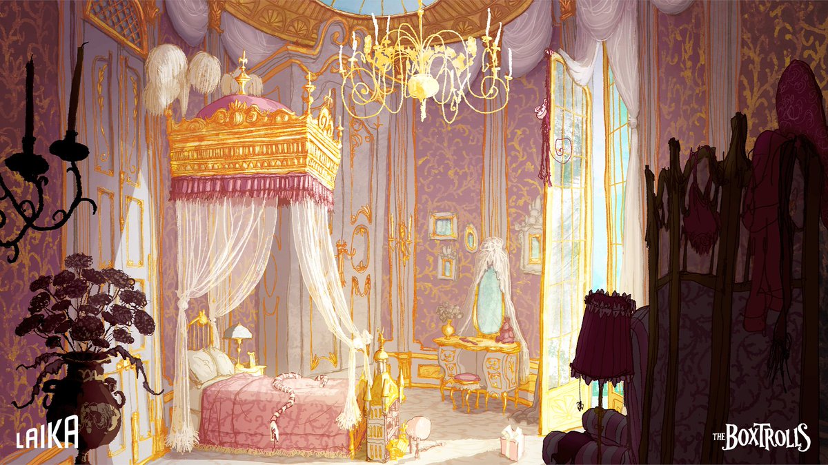 Concept art for Winnie’s bedroom shows the contrast of color and luxury between the worlds of the rich upper class and the underground life of Eggs and the #Boxtrolls.