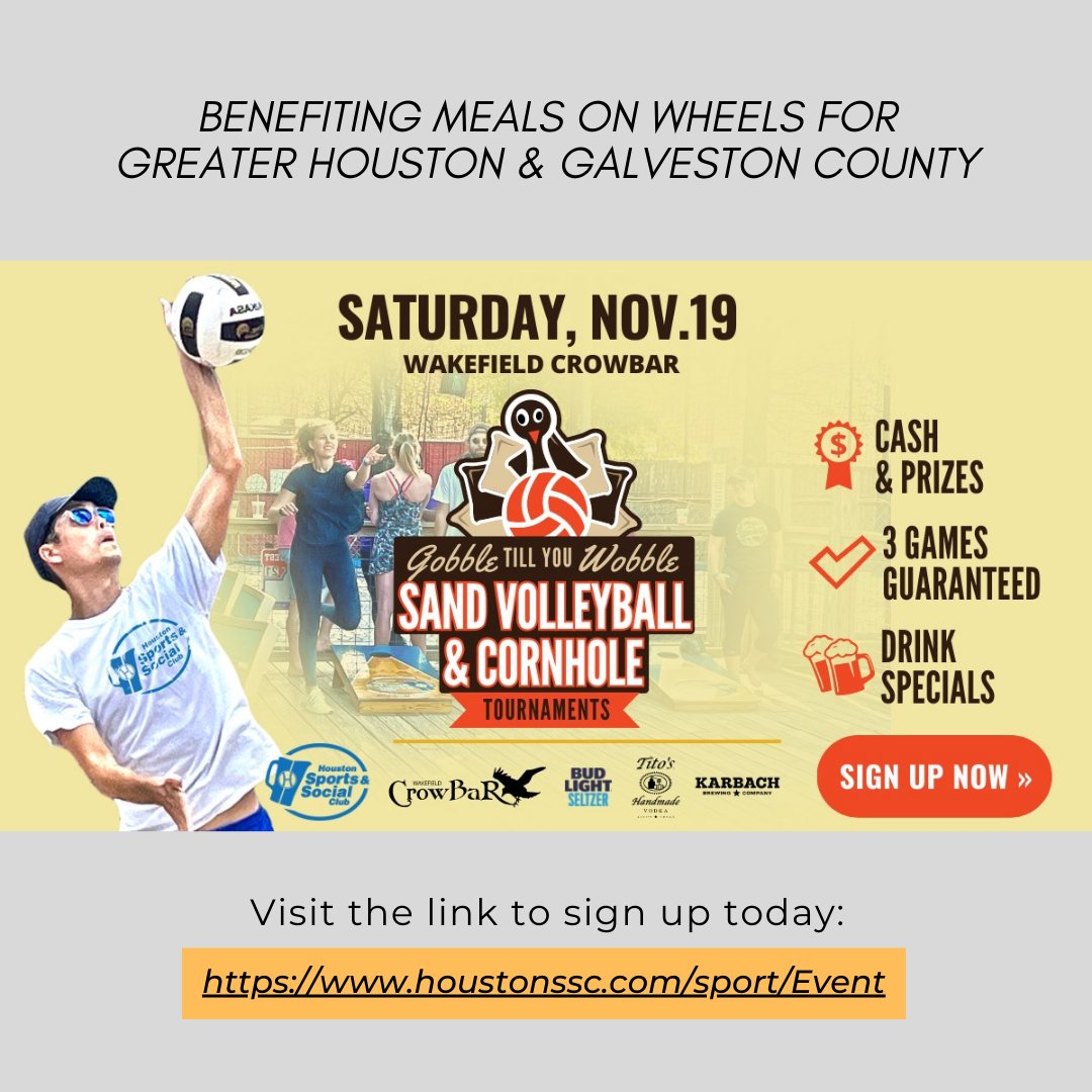 IMHoustonTx's tweet photo. Saturday, Nov 19, join @HoustonSSC for Sand Volleyball & Cornhole Tournaments benefiting our #MealsonWheels program!
Visit the link to sign up today: https://t.co/odfXC0OFsb.
#houston #houstonsports #sportsforacause https://t.co/1KMR69X1id