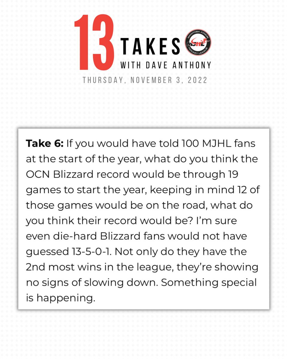 mjhlhockey's tweet image. Are the @OCNBlizzard the biggest surprise of the season so far? It’s time for 13 Takes with Dave Anthony. Come take a spin around #theMJ with the latest from DA!

#13TakesWithDA #MJHLHockey 

📓 Read | mjhlhockey.ca/13-takes-with-…