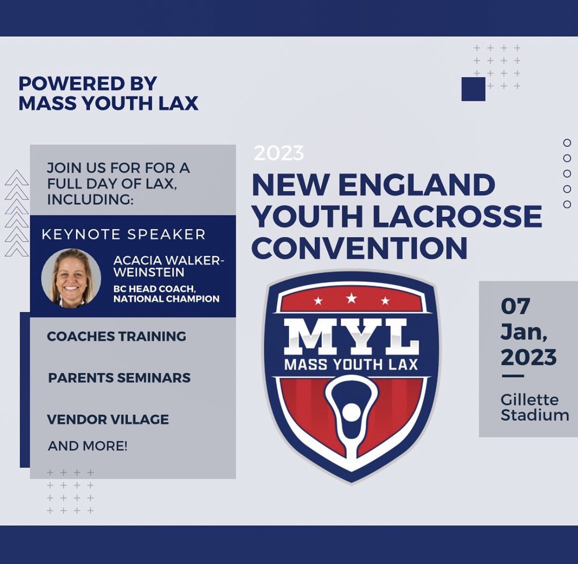 Loving the excitement already building for the New England Youth Lacrosse Convention presented by <a href="/MassYouthLax/">Massachusetts Youth Lacrosse</a> and proud to be co-chairing this event! We’re actively seeking out additional speakers and vendors so please reach out if you’re interested! Bostonyouthlax@gmail.com
