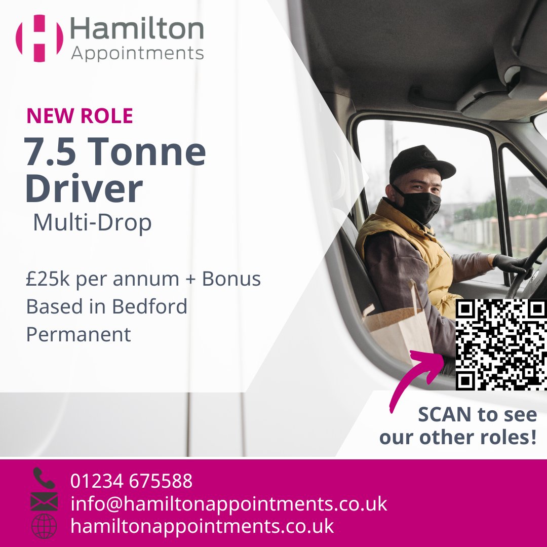 HamiltonAppoint's tweet image. New vacancy just in!! 7.5 tonne delivery driver wanted for our client based in Bedford.  For more details contact us today!! #7.5tonnedrivers #deliverydriver #BedfordshireJobs #wearehiring #hamiltonappointments