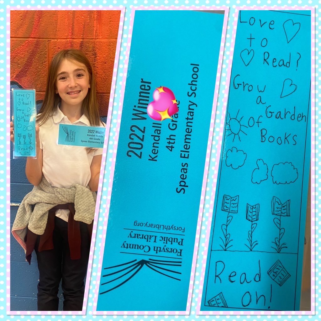 SpeasGlobal's tweet image. Congratulations to Kendall in #SpeasG4 who is one of the @FCPublicLibrary’s #BookmarkContest winners! 🏆 We love your creativity! You can pick up her bookmark and all of the winning designs at any Forsyth County Public Library branch during this year. @SpeasBeesRead