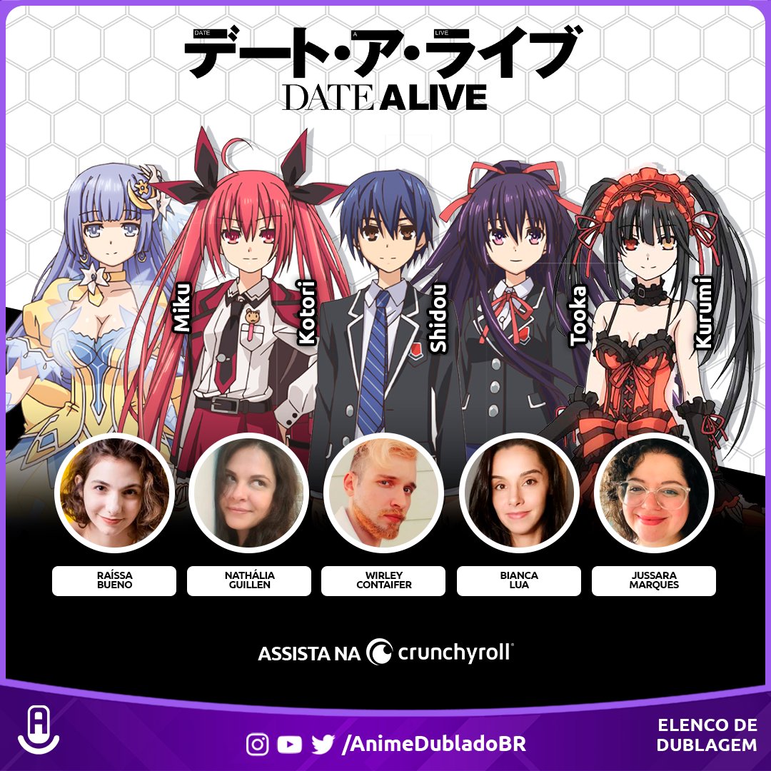 Anime Dublado on X: A dublagem da 2ª temporada de Date A Live chega HOJE  às 19:30 na Crunchyroll! Estúdio: @centraldubrasil Direção: @FabioCamposDub  e @bruno_casemiro Shidou: @WirleyContaifer Tooka: @bianca_lua_voz Kotori:  @Nathguillen Miku: @