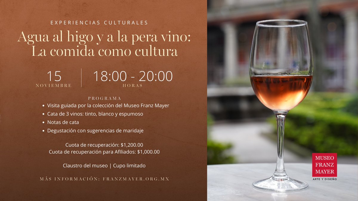 El Franz te invita a la experiencia cultural "Agua al higo y a la pera vino: la comida como cultura"

Vive una visita única a la colección del museo, después conoce algunos de los secretos del vino y cómo acompañarlo de la mano de expertos sommeliers

👉🏾ow.ly/yAqR50LtF75