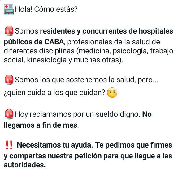 Somos residentes y concurrentes de hospitales públicos de CABA, profesionales de la salud de diferentes disciplinas

Te pedimos que firmes y compartas nuestra petición para que llegue a las autoridades

Change.org/RecomposicionS…

 <a href="/asambleahnrg/">asambleahnrg</a> <a href="/asambleacuna/">Residencia Elizalde</a> <a href="/asambleafernan1/">Asamblea Hospital Fernandez</a>