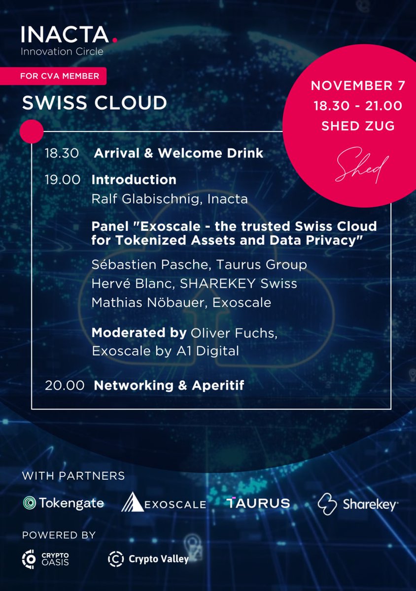 The next <a href="/inacta/">INACTA</a> Innovation Circle in📍Shed, Zug is here!

Listen to an exciting panel discussion about ☁️technology on Nov. 7🗓️with <a href="/Exoscale/">Exoscale</a> &amp; <a href="/oliverfuchs/">Oliver Fuchs</a>, Mathias Nöbauer, <a href="/braoru/">B</a>, and Hervé Blanc.

Make sure to reserve your spot with 20% discount👇
bit.ly/3elByJw
