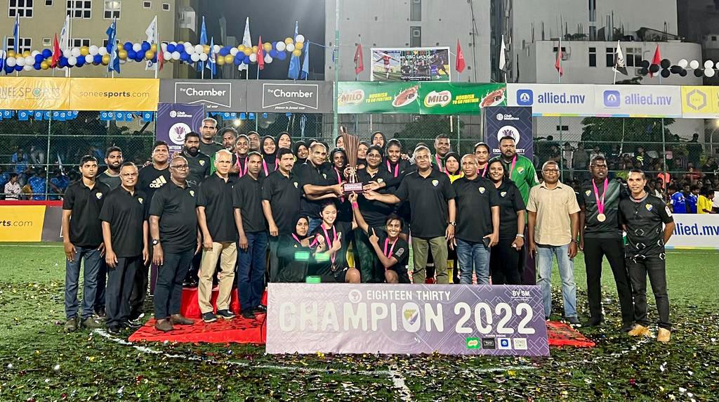 LtGenShamaal's tweet photo. Congratulations to the women's team of DSC (Dhivehi Sifainge Club) @MNDF_Official for being crowned the champions of 18/30 Women's Futsal Fiesta 2022. https://t.co/C460AORpcq
