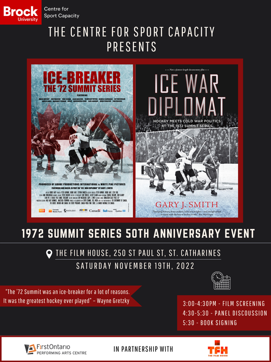 Brock U - Centre for Sport Capacity (@busportcapacity) on Twitter photo Whether you’ve seen it or heard about it, now is your chance to celebrate it!
We are proud to present the 1972 Summit Series 50th Anniversary Event in partnership with the <a href="/FilmHousePAC/">The Film House</a> on November 19th @ 3:00pm
Click here to buy tickets and learn more: ow.ly/262250LtF6k Whether you’ve seen it or heard about it, now is your chance to celebrate it!
We are proud to present the 1972 Summit Series 50th Anniversary Event in partnership with the <a href="/FilmHousePAC/">The Film House</a> on November 19th @ 3:00pm
Click here to buy tickets and learn more: ow.ly/262250LtF6k