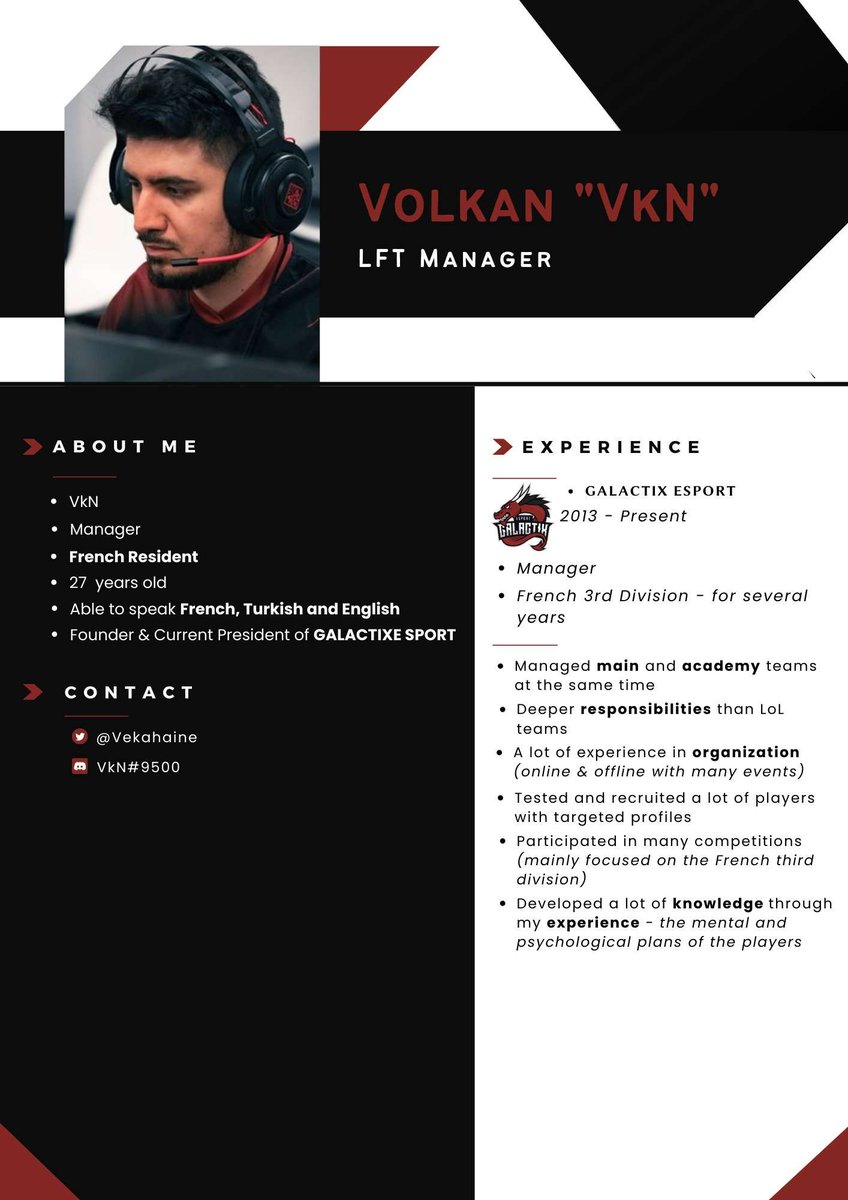Dans le but d'explorer mes opportunités, j'annonce que je suis à la recherche d'un projet professionnel sur LoL ou plus généralement en Head Esport.

I am looking for a professional project on LoL as Head Manager or Head Esport aswell.

Feel free to contact me ✉️

🔁