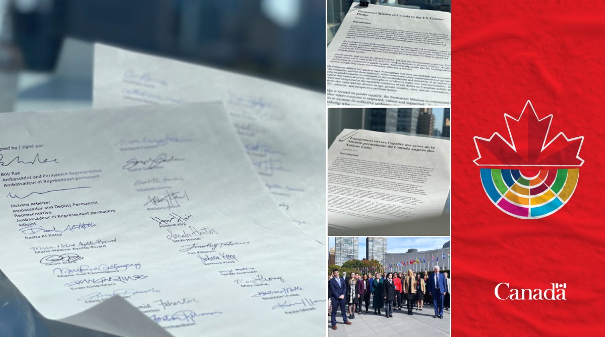 CanadaUN's tweet photo. We are proud to have had all our Permanent Mission colleagues sign our Gender Pledge for the 4th year in a row!
Pledging to aim for equal opportunities and gender representation (at all levels) both at our mission & in our delegations at the UN.
#GenderPledge
Link in tweet 2👇 https://t.co/Q5Y3dCMvND