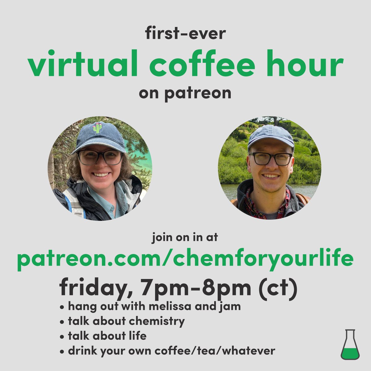 Come hang out with us tomorrow! It's not too late to join in and hang out with us for the first-ever, monthly, virtual coffee hour. See you there! patreon.com/chemforyourlife