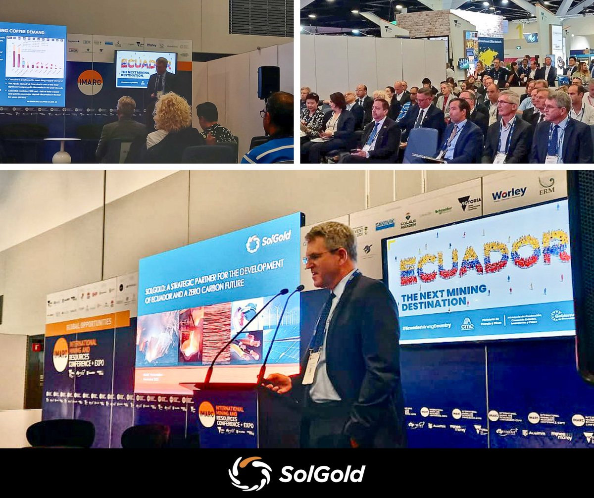 SolGoldEc's tweet photo. ¡Estuvimos presentes en el @IMARC_Mining 2022!

Junto con @mineriaecuador participamos de la Conferencia de Ecuador en este prestigioso evento.

¡En SolGold estamos comprometidos con el desarrollo y el progreso del Ecuador!

#ComprometidosConEcuador
#MineríaResponsable
#SolGold https://t.co/e4DsHC7lWz