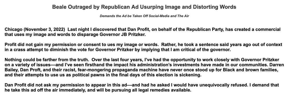 greenfieldjohn's tweet photo. Ald. Beale denounced @DanProft using an old clip of him in an anti-Pritzker ad. "Dan Proft['s] racist, fear-mongering propaganda machine... [attempting] to use [POC] as political pawns in the final days of this election is sickening."
https://t.co/AzWvew6ywq https://t.co/ul3PKocSX5