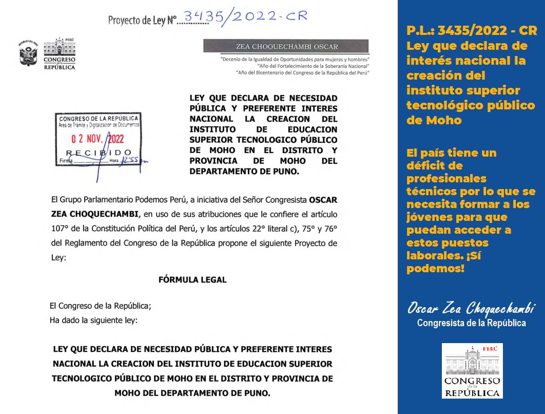 🔵🟡 Hay un déficit de profesionales técnicos y el Estado debe garantizar su promoción; por eso, he presentado el proyecto de ley N° 3435/2022-CR, con la finalidad de exhortar al Ejecutivo que priorice la creación del instituto de educación superior tecnológico público de #Moho.