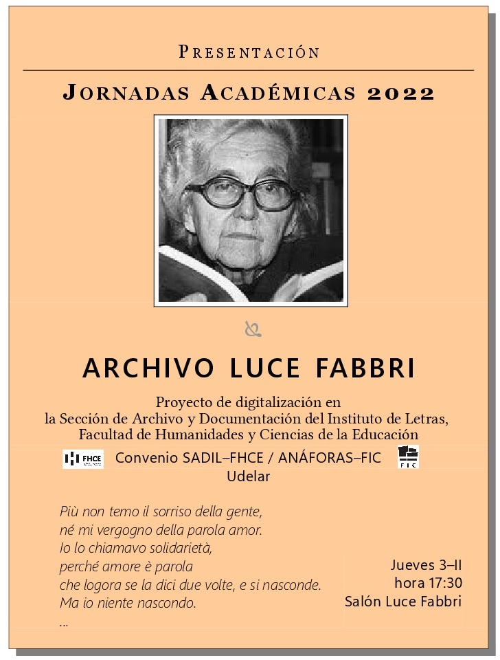 FicUdelar's tweet photo. #HOY a las 17.30 en las Jornadas Académicas 2022 de @FHCE_Udelar se presentará el Proyecto de digitalización del archivo Luce Fabbri custodiado por la  Sección de Archivo y Documentación del Instituto de Letras (SADIL) de la #FHCE

🔗https://t.co/DAD8ajeAin https://t.co/olYFXId7XE