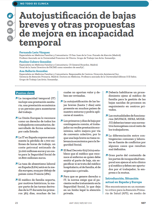 Autojustificación de bajas breves y otras propuestas de mejora en incapacidad temporal en <a href="/AMFsemFYC/">AMF</a> 
amf-semfyc.com/es/web/articul…