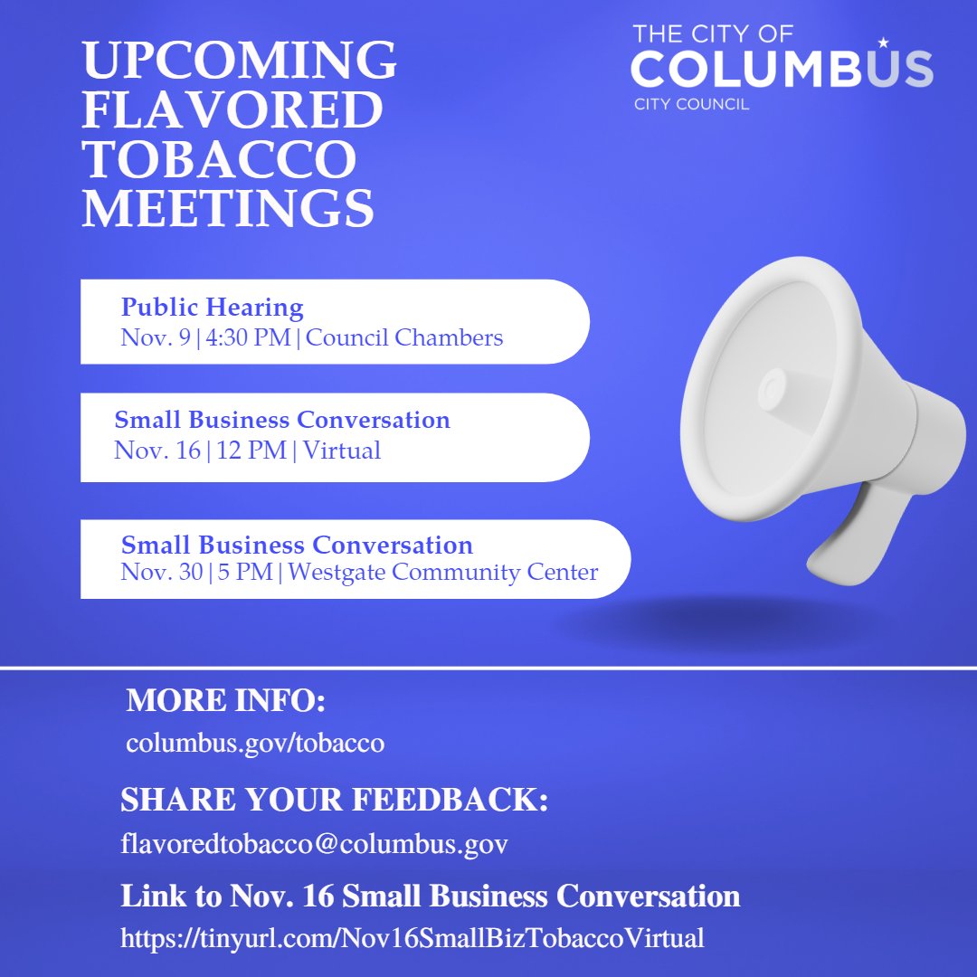 cbuscitycouncil's tweet image. On November 9, Councilmember @sdfavor will hold a public hearing to discuss potential regulation on the sale of Flavored Tobacco in Columbus. Columbus Public Health's proposed legislation. This legislation is now live for residents to see at bit.ly/3Uouyep.