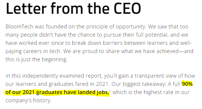 fulligin's tweet photo. New BloomTech outcomes report just dropped, covering 2021. Despite the intro's rosy outlook, this may the bleakest report yet.

To hit a "90%" placement rate, the school now classifies 37% of its graduates as "Non-job Seeking". These students will not receive tuition refunds. https://t.co/1BxMFhl7QF