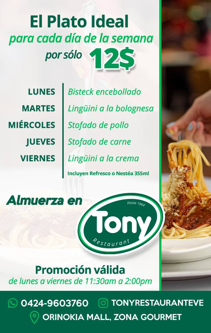 Nuestros platos para tu almuerzo especial cada día. Disfruta la promo del chef de lunes a viernes #NosVemosEnTony <a href="/Orinokia_Mall/">Orinokia Mall</a>