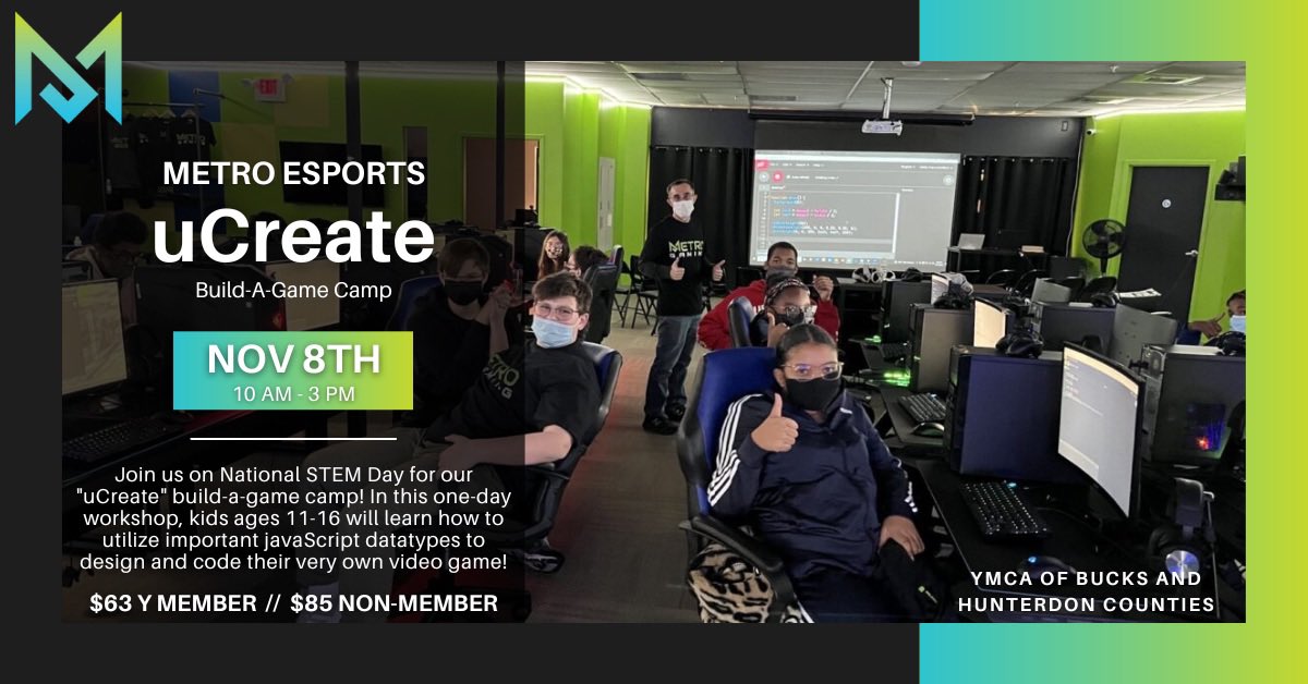 metroesports's tweet photo. In celebration of national STEM Day join us for our build a game camp uCreate.

This one day course will allow kids ages 11-16 to learn JavaScript datatypes to design and code their very own game! https://t.co/JkPEWbO3Kr