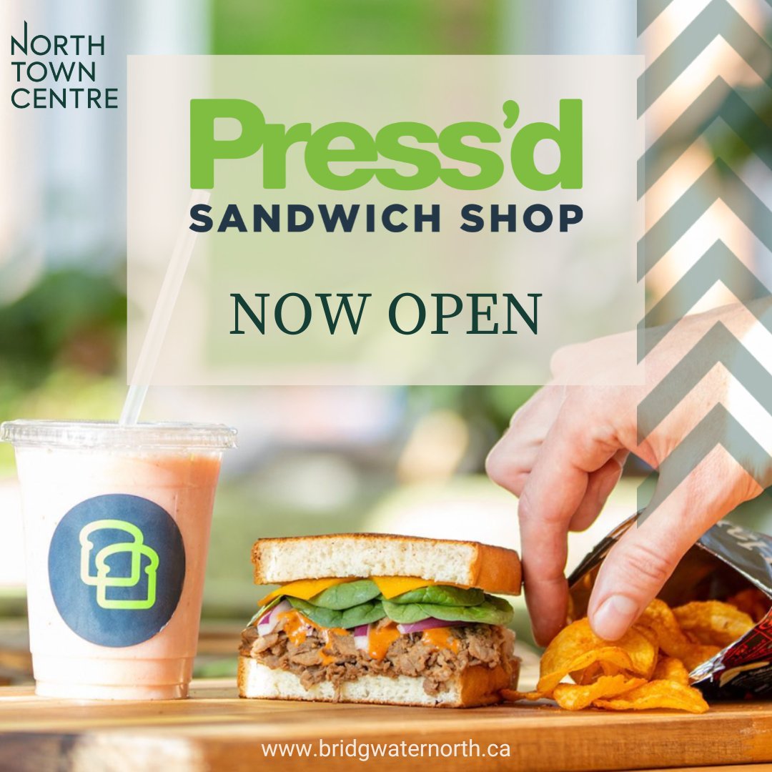 northtowncentre's tweet photo. NOW OPEN! The team at Press’d Sandwich Shop is ready to serve you sandwiches. Their hours are:

Monday to Saturday, 10am-8pm
Sundays 10am – 7pm

#bridgwater #Winnipegeats #localfood #development #leasing #NorthTownCentreWPG https://t.co/QxhiH2aNAe
