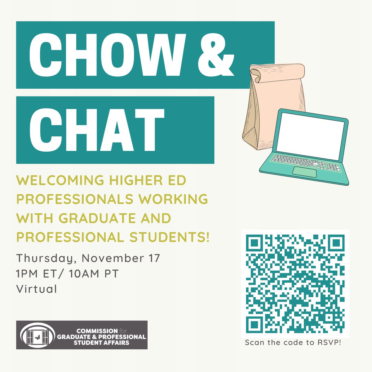 Join us for the our next Chow and Chat lunch! We’ll be discussing topics and issues pertinent to #highered professionals working with graduate and professional students.

🗓 Thursday, November 17
⏰ 1PM ET/ 10AM PT
💻 RSVP Here: forms.gle/Hsntf3iycynqbH…