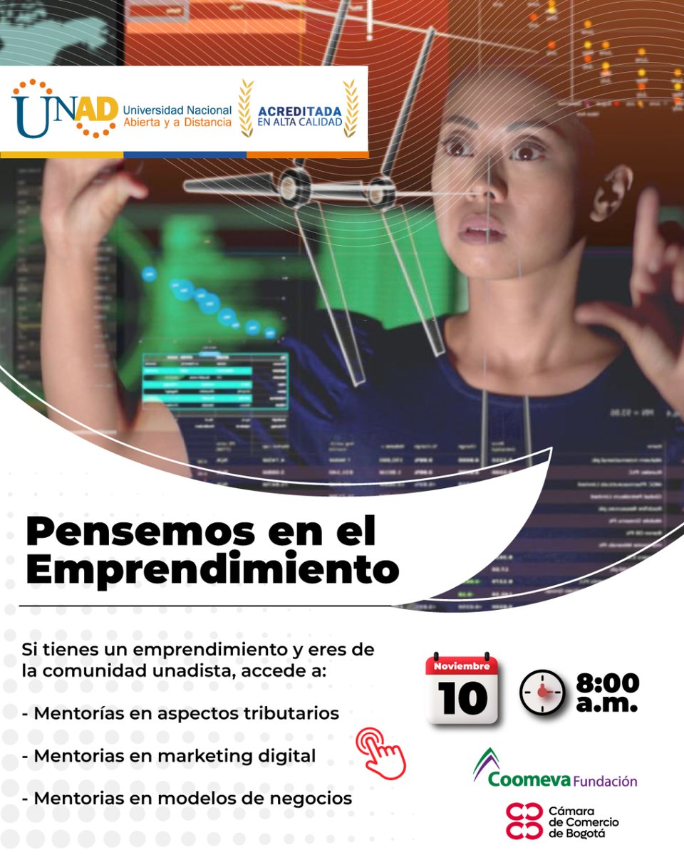 ¿Eres emprendedor?¡Tenemos un evento para ti!🏭

La #UNAD, junto con la <a href="/camaracomerbog/">Cámara de Comercio de Bogotá</a>  y la Fundación Coomeva convocan a expertos para resolver todas tus preguntas relacionadas con el marketing digital, las responsabilidades tributarias y los diferentes modelos de negocio.📚💡