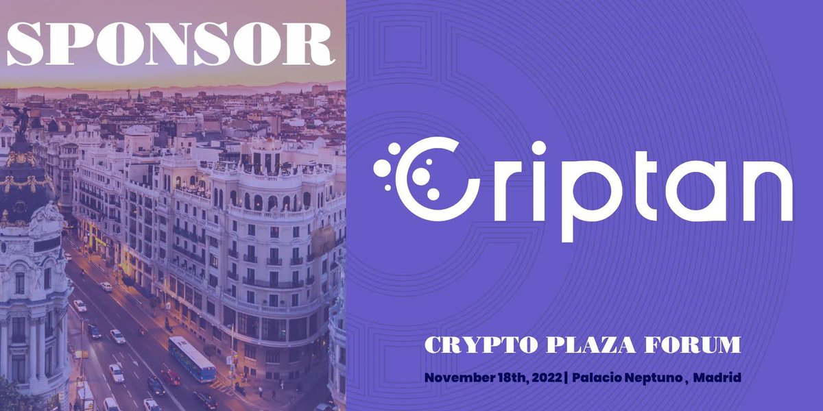 cryptoplaza_es's tweet photo. 💥SPONSOR💥 Contamos con @criptanapp como sponsor en #CryptoPlazaForum ¡Qué ganas de veros a todos allí! 

Info&amp;tickets: https://t.co/dHn4JSmVFJ 
👉🏻 18Nov. Palacio Neptuno 

#CryptoPlaza #criptan #cripto #madrid https://t.co/d91TDa7mRa