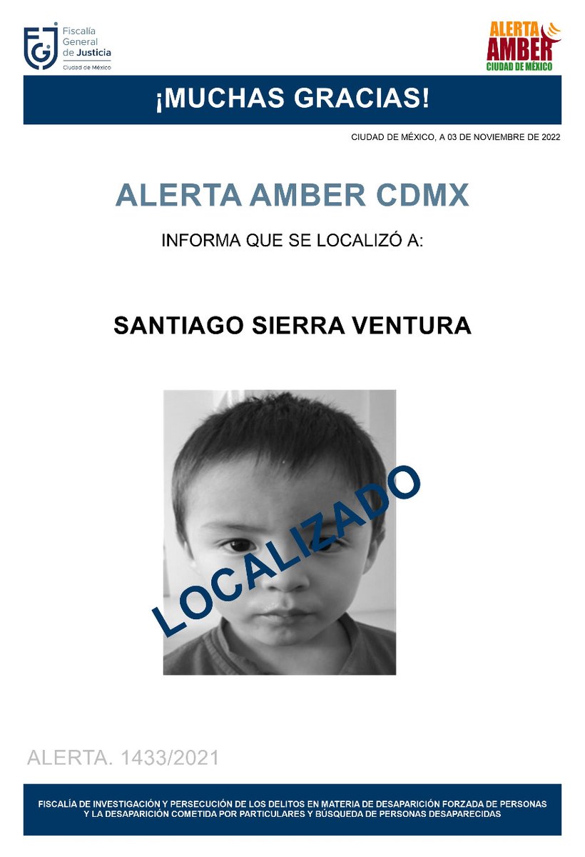 Ha sido localizado el menor, Santiago Sierra Ventura, agradecemos a la ciudadanía, medios de comunicación e instituciones, se desactiva #AlertaAmber