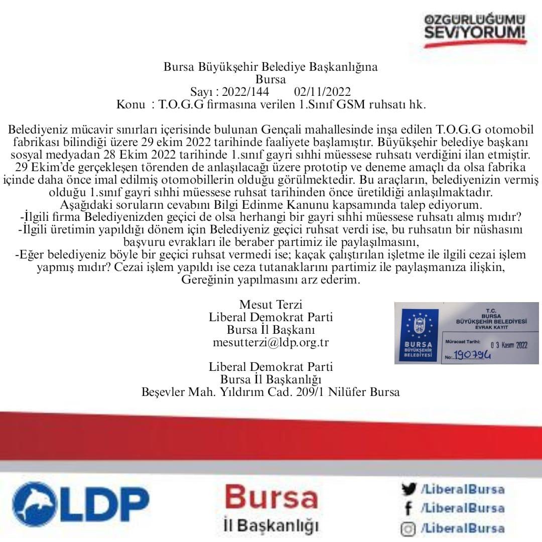 LDP Bursa (@liberalbursa) on Twitter photo #LDPSoruyor
Bursa <a href="/bursabuyuksehir/">Bursa Büyükşehir Belediyesi</a> belediye başkanımız Alinur Aktaş (<a href="/Alinuraktas70/">Alinur AKTAŞ</a>)’dan cevap bekliyoruz
TOGG (<a href="/Togg2022/">Togg</a>) fabrikası
-geçici gsm ruhsatı aldı mı?
Almadıysa
-kaçak üretim yaptığı için cezai işlem yapıldı mı?
#ldpbursa
#ldp #LiberalDemokratParti #LDPSoruyor
Bursa <a href="/bursabuyuksehir/">Bursa Büyükşehir Belediyesi</a> belediye başkanımız Alinur Aktaş (<a href="/Alinuraktas70/">Alinur AKTAŞ</a>)’dan cevap bekliyoruz
TOGG (<a href="/Togg2022/">Togg</a>) fabrikası
-geçici gsm ruhsatı aldı mı?
Almadıysa
-kaçak üretim yaptığı için cezai işlem yapıldı mı?
#ldpbursa
#ldp #LiberalDemokratParti