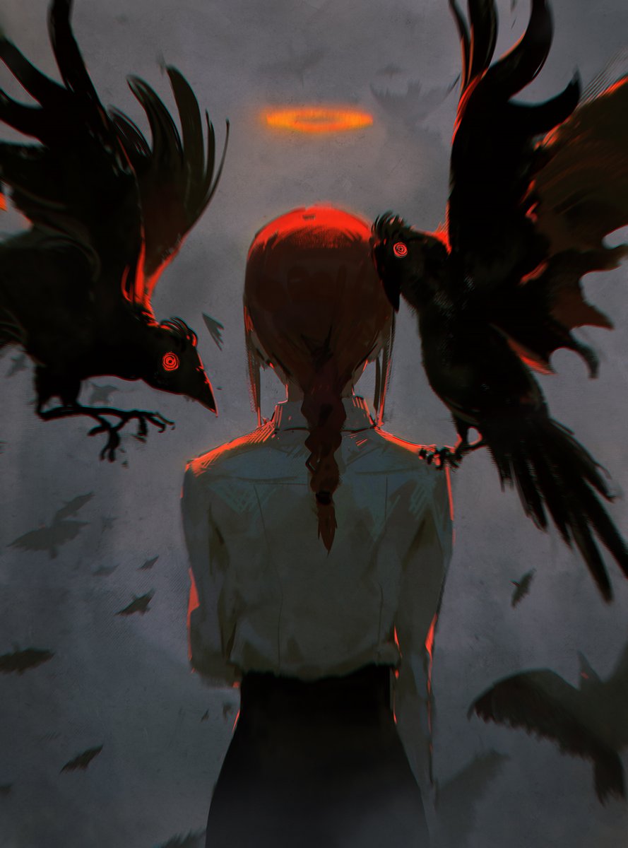 makima (chainsaw man) 1girl crow bird braid braided ponytail shirt halo  illustration images