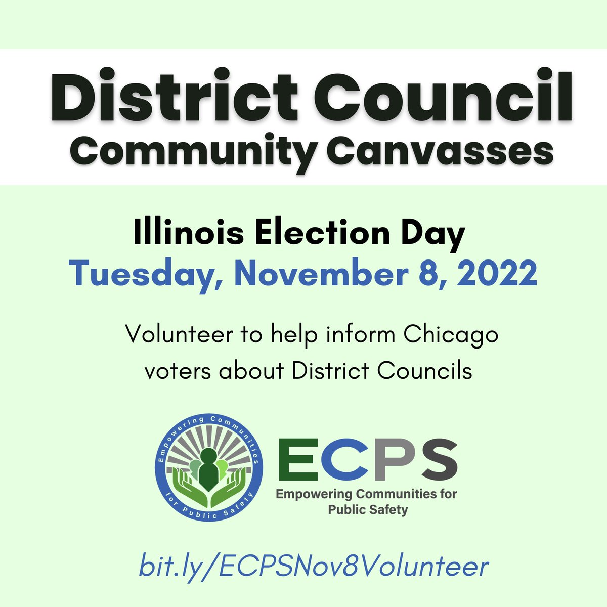 ChicagoEcps's tweet image. Join us on Illinois Election Day, Nov. 8th! Volunteer to help inform voters across the city about the upcoming District Councils elections! Sign up here: bit.ly/ECPSNov8Volunt…   
#ChiDistrictCouncil #ECPSNow