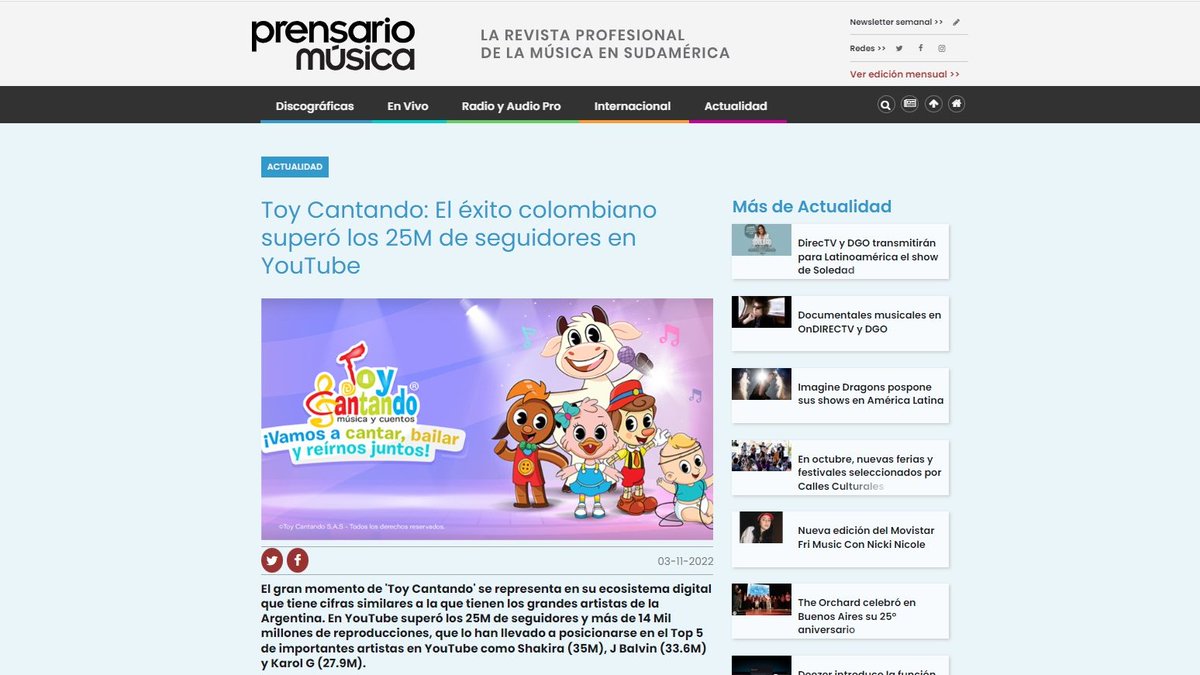 📰| Las noticias no paran. Hoy <a href="/PrensarioMusica/">Prensario Música</a> le comparte a todos sus lectores uno de nuestros logros más recientes, los 25 Millones de suscriptores en YouTube. 
-
Lee la nota completa aquí ➡ bit.ly/3WuqHOF 
-
#música #youtube #industriadelamúsica #argentina #colombia