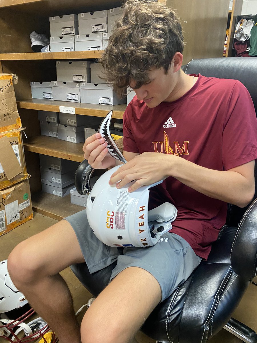 One of our young bucks, Blake Drillette, knocking out one of our final specialty Helmets. And it belongs to his very own brother Brett!!! #HawkYeah #Eqlife #Family