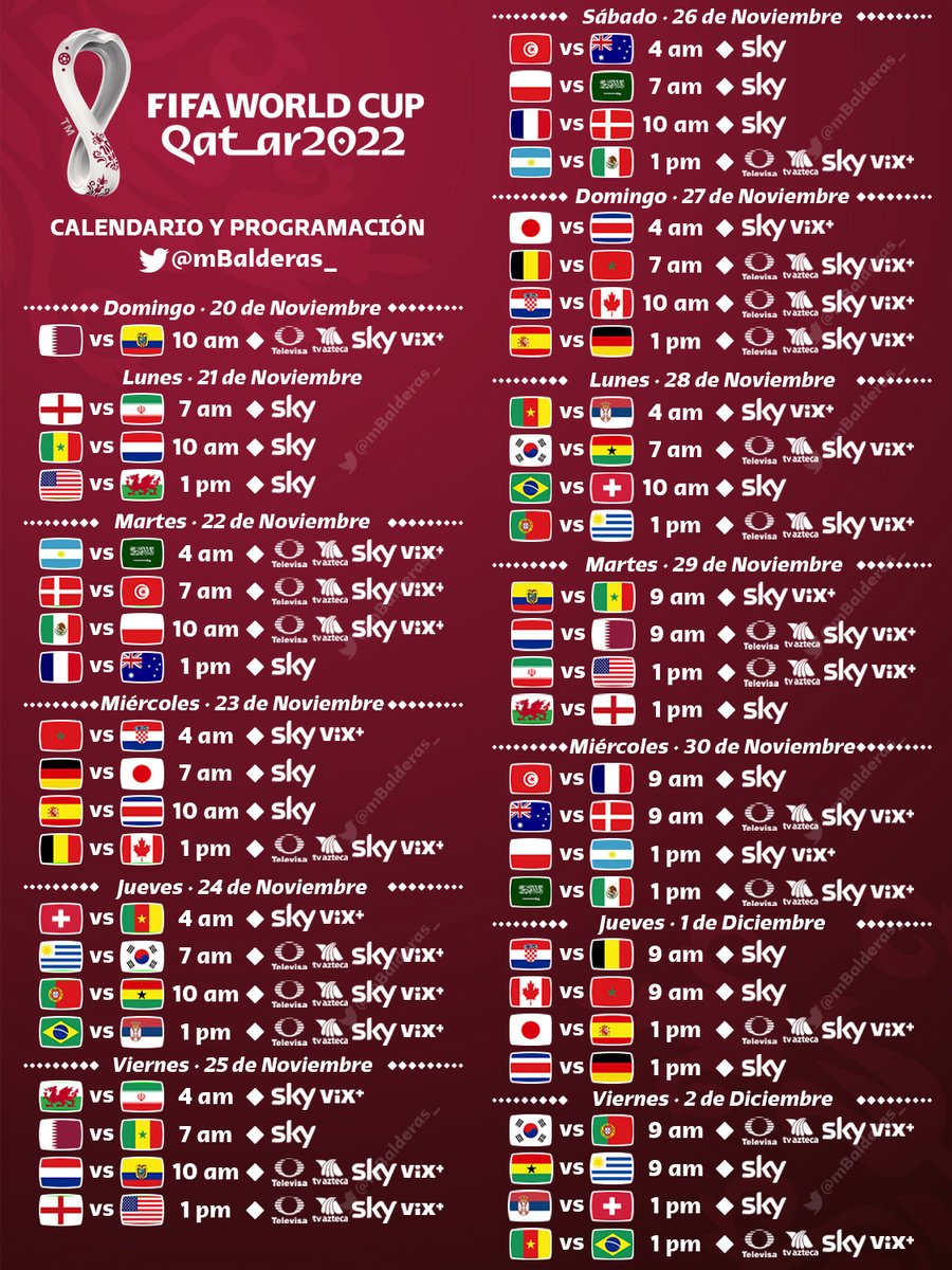 mbalderas_'s tweet photo. ⚠️ Servicio a la comunidad ⚠️ 

Fechas, horas y transmisiones de todos los partidos de la Fase de Grupos de la 
@fifaworldcup_es en México.

#Qatar2022 #MundialQatar2022 https://t.co/pnzMHoPEY0