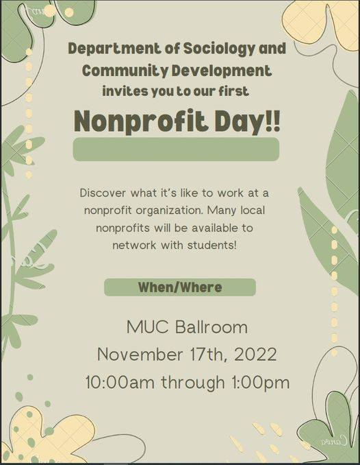 Interested in working for a nonprofit organization? Want to learn more about how to best prepare for a job in the nonprofit world? Want to connect with local employers? Come out between 10 am - 1 pm on Nov. 17th to the MUC Ballroom!