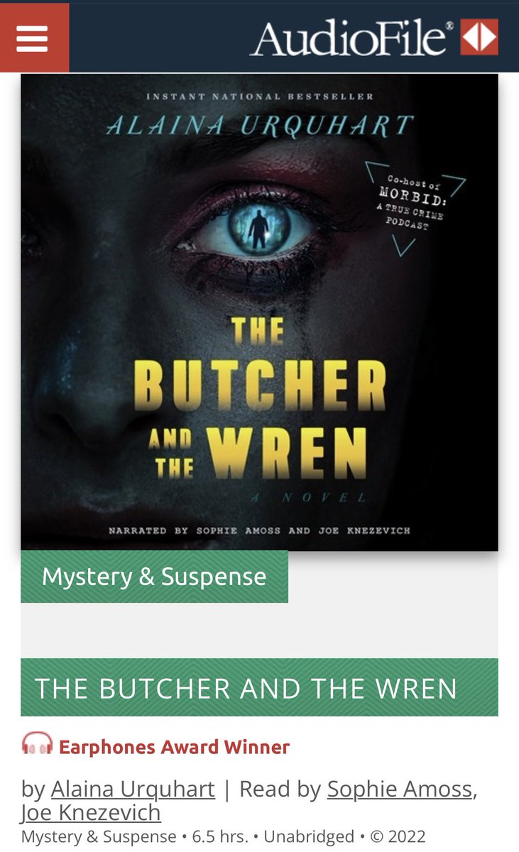 Many thanks to @AudioFileMag for the Earphones Award for “The Butcher and the Wren” by Alaina Urquhart, narrated by yours truly and @joeknezevich, and produced by Zando and @DeyanAudio. #EarphonesAward #AudiofileMagazine #morbidpodcast #thebutcherandthewren #alainaurquhart