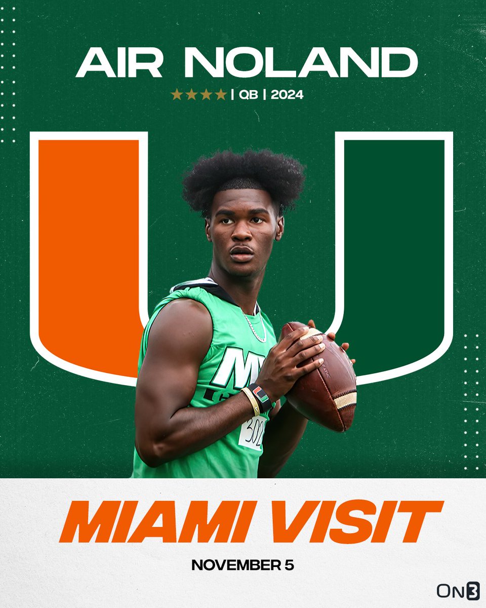 2024 4-star QB Air Noland will visit Miami this weekend for their rivalry matchup against Florida State🙌 Details from @JeremyO_Johnson (On3+): on3.com/college/miami-…