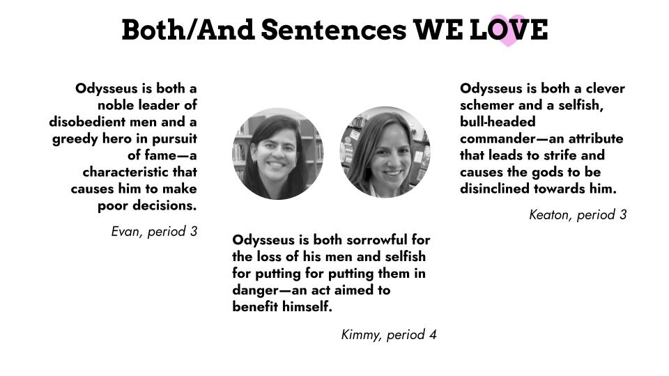 Students in English 1H wrote both/and + single dash combo sentences about Odysseus.  Congrats to Keaton for winning! And thanks to Ms. Gwizdala and Ms. Hollander for choosing our winner! <a href="/GWEnglishDept/">Glenbard West English Department</a> <a href="/GWHS_Library/">Elliott Library and Media Center</a>