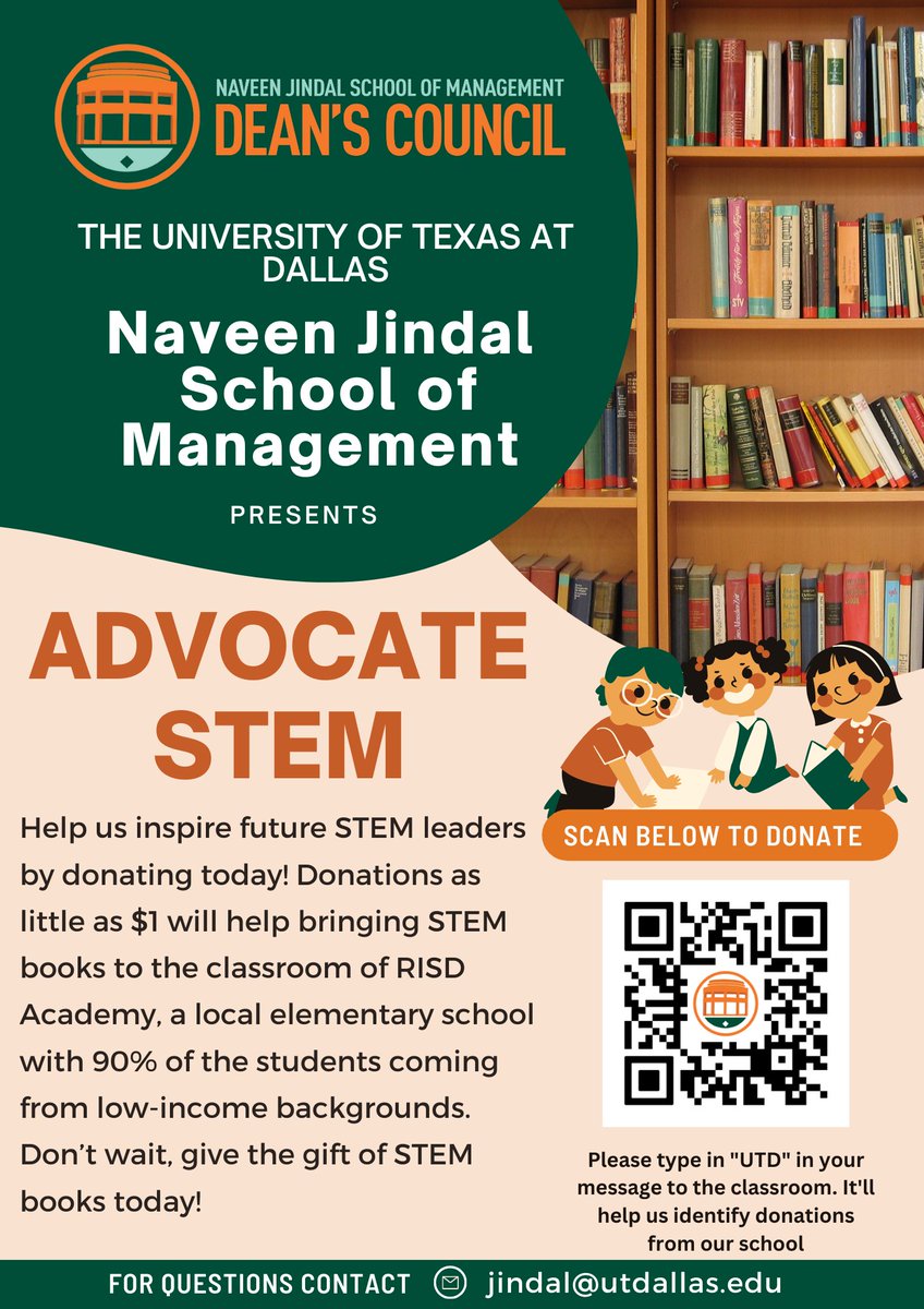 jindal_utdallas's tweet image. Join @JSOMDeanCouncil in supporting a fundraiser to bring #STEM books to the classroom of RISD Academy, a local elementary school with 90% of students from low-income backgrounds. 📚

🔗: donorschoose.org/project/explor…

For questions, please email jindal@utdallas.edu.