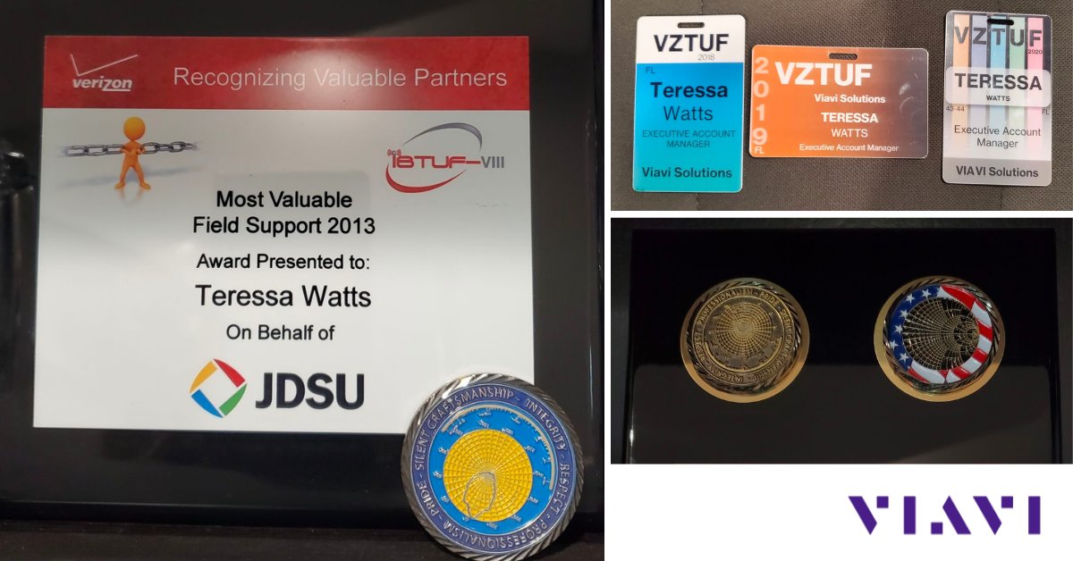 ViaviSolutions's tweet photo. Pictured here: a walk down memory lane with long-time VIAVI team member Teressa Watts. She sure deserves the high praise these represent! Interested in starting your journey with VIAVI? Start here: https://t.co/m9o8nUeMkD #CompanyCulture #UnitedInPossibility #throwback https://t.co/Wfxpckn6By