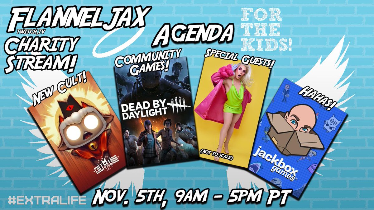 FlannelJax's tweet photo. I'm THRILLED to announce our #extralife2022 charity stream this November 5th from 9am-5pm PT with proceeds going to @BCChildrensHosp! Check out this link for more info, or to donate! https://t.co/Dg5QfaefW2 (up to $10k matched by @kabam)
Would appreciate RTs for visibility! <3 https://t.co/ySO2CbU0ss