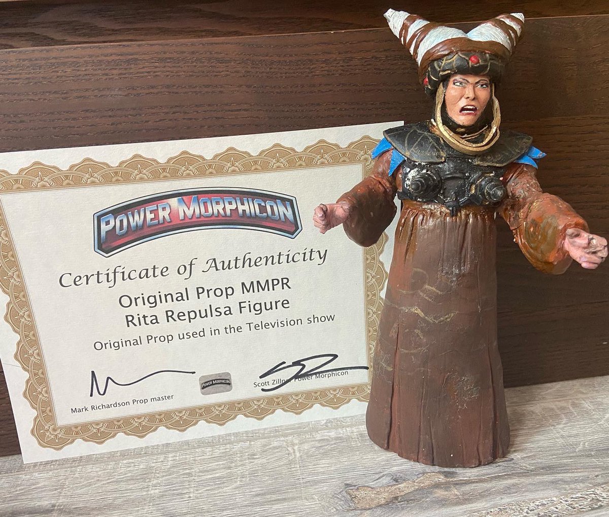 BandoraPalace's tweet photo. Prized possession: Original Rita Repulsa TV prop figure. This puppet, which had moving arms, appeared in “The Mutiny” and “White Light.” One photo shows Carla Perez on set with the prop in 1994. I reattached the arms, and the puppet mechanism no longer functions, unfortunately. https://t.co/qHvYNaFyq4