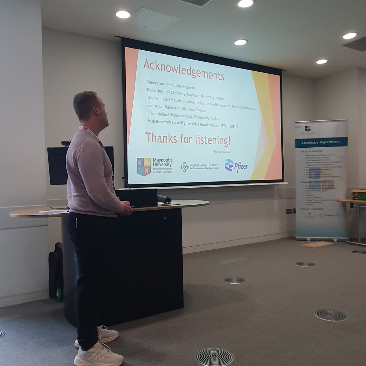 Great outing at the recent <a href="/MaynoothChem/">Maynooth University Chemistry</a> community &amp; industrial engagement research symposium where I presented some of my work on the 'Continuous flow synthesis of Black Hole Quenchers'. Big thanks to <a href="/IrishResearch/">We are now Research Ireland</a>, <a href="/pfizer/">Pfizer Inc.</a> and of course my supervisor  <a href="/JStephensChem/">Professor John Stephens</a>.