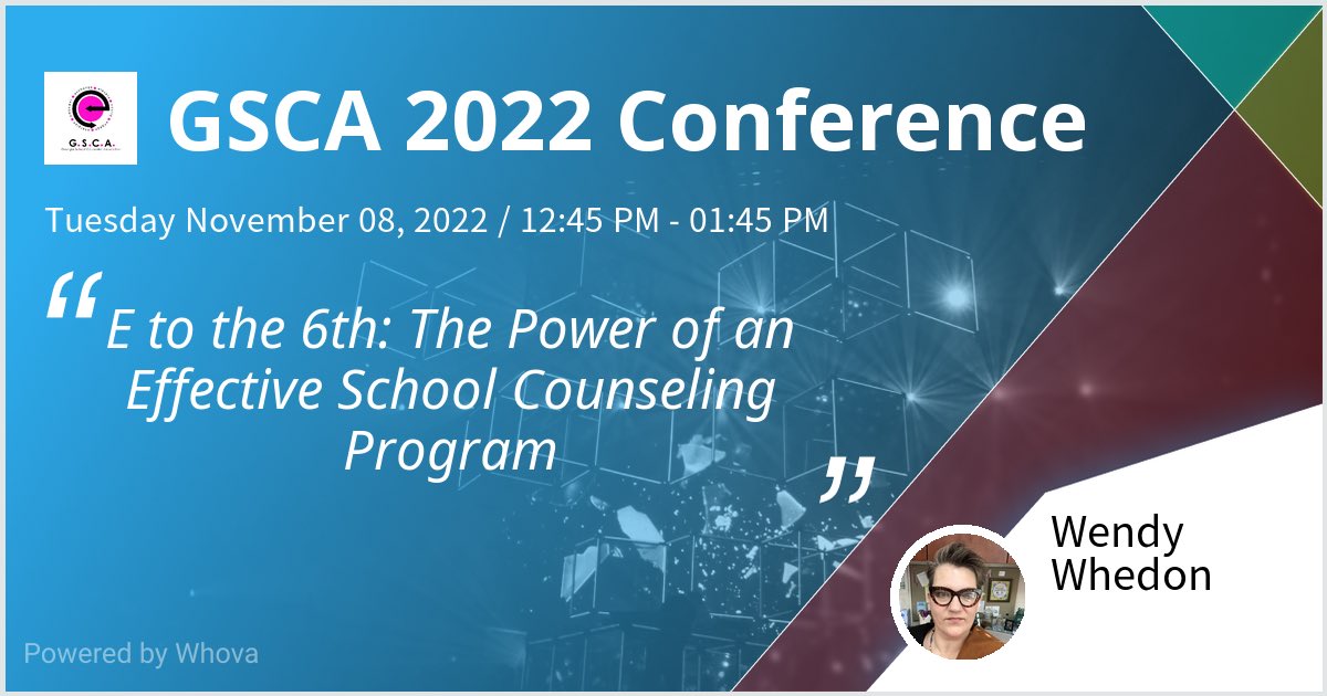 I am speaking at GSCA 2022 Conference. Please check out my talk if you're attending the event! #GSCA2022  #Exchange #Elevate #Empower #Energize #Equity #Engage  #SchoolCounselorLIfe #GASchoolCounselors #GSCAExtravaganza #WeLoveGACounselors - via #Whova event app